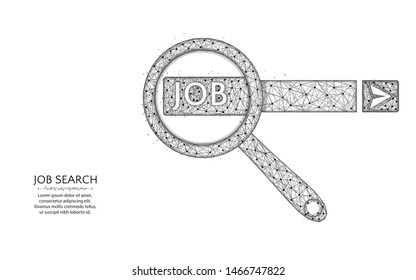 Job search on the Internet poly design, magnifying glass and search box  abstract geometric image, SEO wireframe mesh polygonal vector illustration made from points and lines on white background