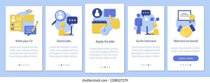 Job search onboarding mobile app page screen vector template. Write CV, apply, interview, get work. Employment. Flat design website instructions. UX, UI, GUI smartphone interface cartoon concept