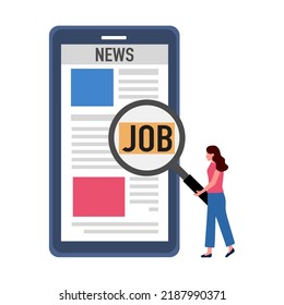 Job search online via smartphone app in flat design on white background. Woman looking for a job. 