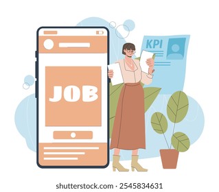 Job search online. Woman near smartphone sends resume for vacancy. Headhunting and recruitment. Worker with curriculum vitae. Flat vector illustration isolated on white background