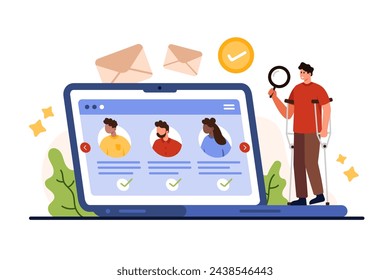 Job search for person with disability. Tiny man on crutches holding magnifying glass to research and analyze candidates resumes, find vacant vacancy on laptop screen cartoon vector illustration