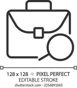Job search pixel perfect linear icon. Work position. Career development. Job hunting online platform. Employment. Thin line illustration. Contour symbol. Vector outline drawing. Editable stroke
