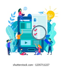 Job search, recruiting, filling out forms online, work in a team to find staff. Vector illustration for presentations, social media, advertising and blogging.