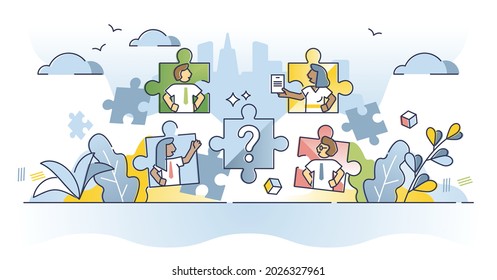 Job search and recruitment candidates professional selection outline concept. Competition for work in company as career growth vector illustration. Looking for human talent as jigsaw puzzle pieces.