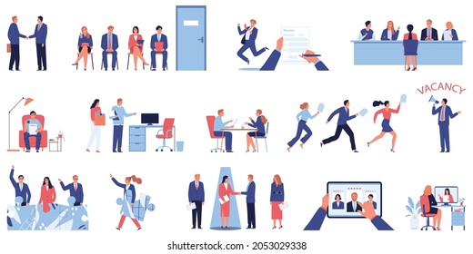 Job search recruitment hr set of isolated icons with human characters of job candidates and employers vector illustration