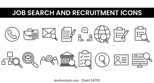 Job search and recruitment icon set with symbols like resumes, magnifying glass, handshake, and briefcase. Ideal for HR, employment portals, career-related projects, and business designs.