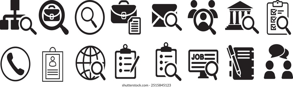 Job Search and Recruitment Icons | Vector Icons for Resumes, Applications, Candidate Search, Magnifying Glass, Checklist, Clipboard, Interview, Employment, Globe, Job Posting, Business, Communication