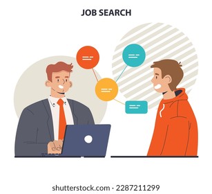 Búsqueda de empleo. Concepto de contratación y gestión del personal. Personaje buscando un trabajo, enviando una cv y teniendo una entrevista con su gerente. Solicitante de empleo. Ilustración vectorial plana