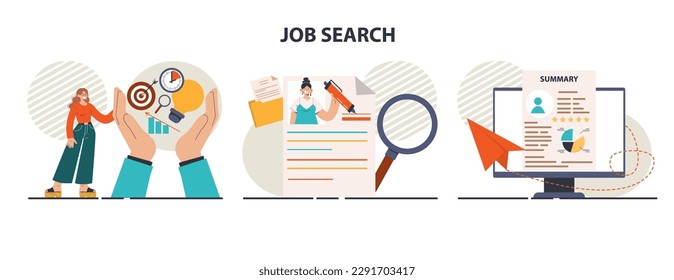 Job search. Recruitment and personnel management concept. Character looking for a job, sending a cv and having a interview with hr manager. Job applicant. Flat vector illustration