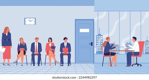 Composición de la cola de contratación de búsqueda de empleo con vista al pasillo de la oficina con candidatos sentados esperando la ilustración del vector de entrevista