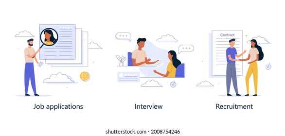 Job Search, Recruitment, Workgroup, Freelance, Online Hiring, Web Graphic Design. Virtual Job Fair. Flat Vector Illustration.