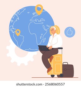 Job search service in foreign country, immigration support, global employment and labor. Tiny woman sitting with laptop on suitcase by big world map with relocation pin cartoon vector illustration