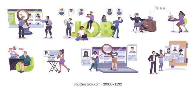 Job search set with applicants seeking employment being interviewed hired have their application rejected flat isolated vector illustration