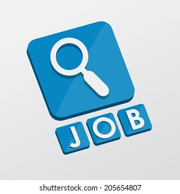 job and search sign - white text with symbol in blue flat design blocks, job seeking concept, vector