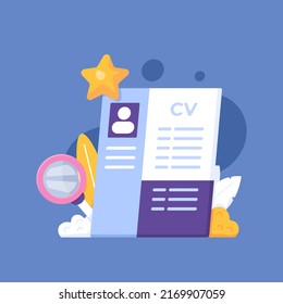 job search sites or job vacancies info. recruitment of new members or employees. review or checking CV files. curriculum vitae, magnifying glass, stars. concept illustration design. design elements