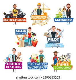 Job search and staff hiring icons with professions. Vector photographer with camera and engineer, manager and seller, pilot with airplane and fashion designer, jeweler with gems and farmer with cow