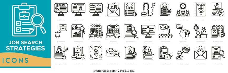 Job Search Strategies Icon set. Resume Builder Tool, Job Application Tracker, Online Job Board, Cover Letter Creator, Interview Preparation Kit and Career Path Map