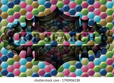 Búsqueda de empleo en el interior de la insignia de caramelo de color lineal. Antecedentes hexágonos elegantes. Ilustración intensa. 