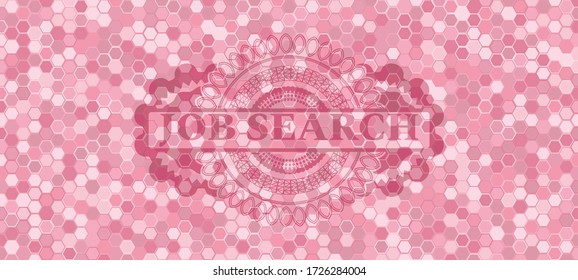 Job Search text inside pink color tile mosaic realistic badge. Geometric hexagon luxurious background. Intense illustration. 