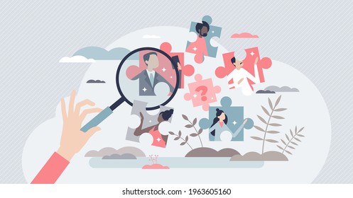 Job search and vacancy best choice as recruitment work tiny person concept. Find skilled and experienced career labor from candidates crowd vector illustration. Vacant company HR selection process.