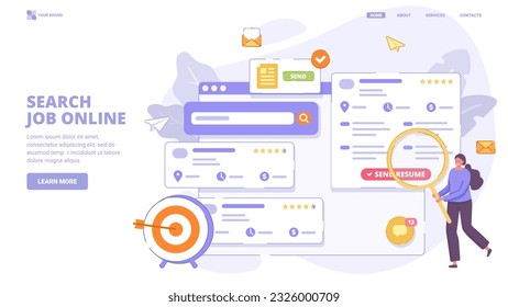 Job search, search vacancy. Head Hunting in social network. Employees looking for job. Vector design concept with characters for landing page. Flat vector illustration for website, banner, print.