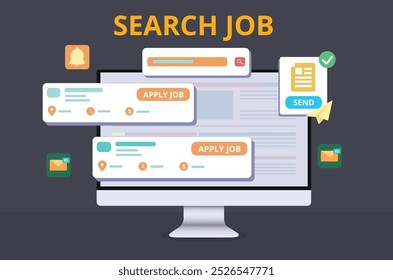 Job search, search vacancy. Head Hunting in social network. Employees looking for job. Vector design concept with characters for landing page. Flat vector illustration for website, banner, print.