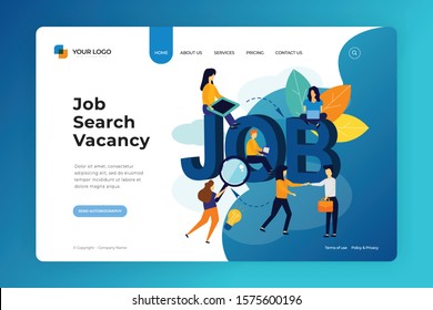 Job Search Vacancy Landing Page Design. Online Job Search and Human Resource, Recruitment Concept Web Site, Banner Template. Head hunters, HR managers with Employees. Easy to Customize for web, ui.