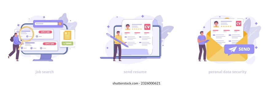 Job search, search vacancy online, create and send resume. Employees looking for job. Flat icon set with characters for landing page. Vector illustration collection for website, banner, landing page.