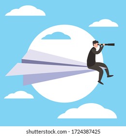 Job search vector concept: Businessman looking through his telescope while sitting on flying paper plane 