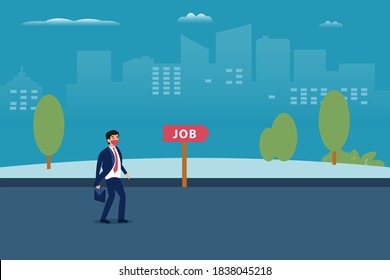 Job search vector concept: Businessman wearing face mask and walking on the road with job text on signpost