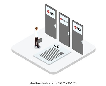 Job search vector concept. Male applicant carrying a resume while looking at closed job door with rejected word