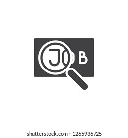 Job search vector icon. filled flat sign for mobile concept and web design. Magnifier glass and job text simple solid icon. Symbol, logo illustration. Pixel perfect vector graphics