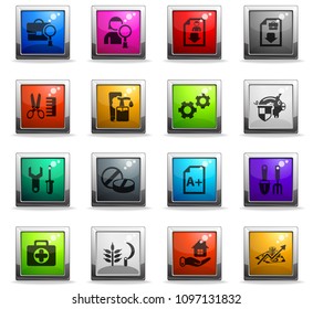 job search vector icons in square colored buttons for web and user interface design