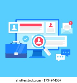 Búsqueda de empleo. Ilustración vectorial. Entrevista laboral, desempleo, conceptos de oportunidades profesionales. Diseño moderno y plano. Computadora con sitio web de recursos humanos, maletín, lupa, correo electrónico, etc.