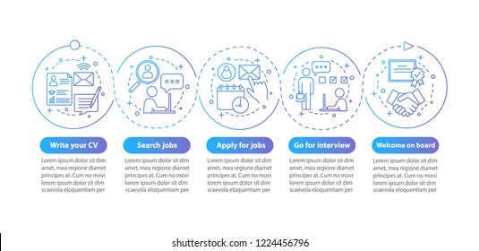Job search vector infographic template. Employment, recruitment. Business presentation. Find work. Headhunting. Data visualization with five steps and options. Process timeline chart. Workflow layout