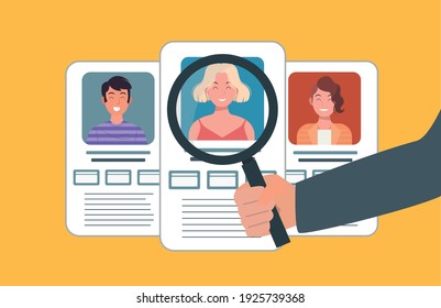 Job Searchers, Employees, And Office Workers Are Being Chosen With Magnifying Glass. Vector Illustration