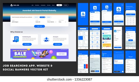 Job Searching App UI Kit for responsive banner or website template with different application layout including sign up, Job interview, Working experience, User recruitment.