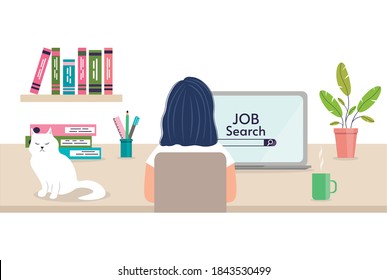 Job Searching concept. Back view of woman browsing work opportunities online using job search computer app.  Female character looking for vacancies on the Internet. Vector illustration in a flat style