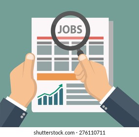 Job searching concept - hand holding newspaper and magnifying glass - flat style