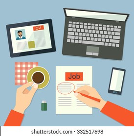 Job searching concept - hand holding newspaper. flat design vector illustration.