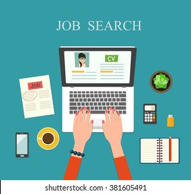 Job searching concept.Top view of workplace with documents and laptop. flat design vector illustration.