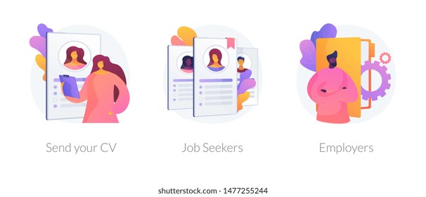 Job searching. Employment service, recruitment agency. Resume writing, finding work. Vacant position. Send your CV, job seekers, employers metaphors. Vector isolated concept metaphor illustrations