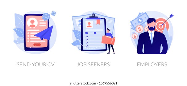 Job searching. Employment service, recruitment agency. Resume writing, finding work. Vacant position. Send your CV, job seekers, employers metaphors. Vector isolated concept metaphor illustrations