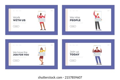 Job Searching Landing Page Template Set. Unemployed Characters Hold Resume Paper Sheet With Avatar and Skills. Job Seekers with Cv. Funny Business People Search Job. Cartoon People Vector Illustration