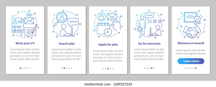 Job searching onboarding mobile app page screen with linear concepts. Write CV, apply job, interview, getting work steps graphic instructions. UX, UI, GUI vector template with illustrations