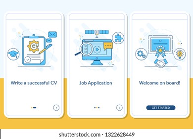 Job searching onboarding mobile app page screen with linear concepts, Write CV, apply job, interview, getting work steps graphic instructions. UX, UI, GUI vector template with illustrations