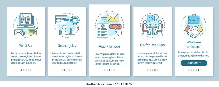 Job searching onboarding mobile app page screen vector template. Write CV, apply job, interview, getting work graphic instructions. Website steps with linear icons. UX, UI, GUI smartphone interface
