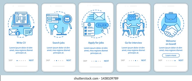 Job searching onboarding mobile app page screen with linear concepts. Write CV, apply job, interview, getting work graphic instructions. Steps graphic instructions. UX, UI, GUI vector template