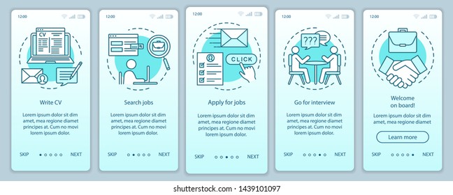 Job searching onboarding mobile app page screen with linear concepts. Write CV, apply job, interview, getting work graphic instructions. Steps graphic instructions. UX, UI, GUI vector template