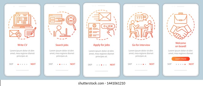 Job searching onboarding mobile app page screen with linear concepts. Write CV, apply job, interview, getting work graphic instructions. Steps graphic instructions. UX, UI, GUI vector template